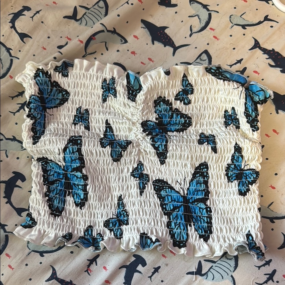 Rue21 White and Blue Butterfly Smocked Crop Top